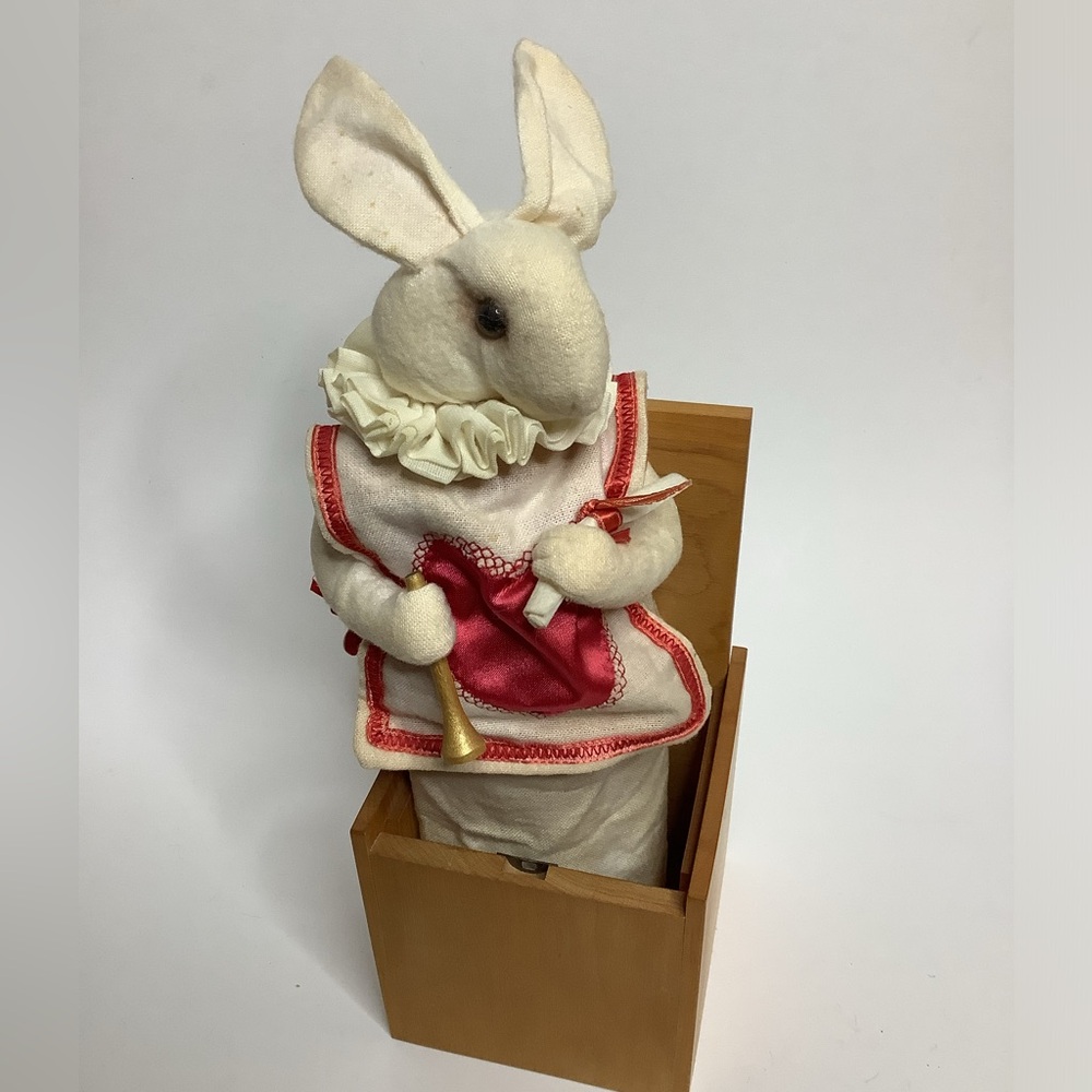 Vintage Alice In Wonderland White Rabbit Wooden Jack In The Box Signed Jax Maine